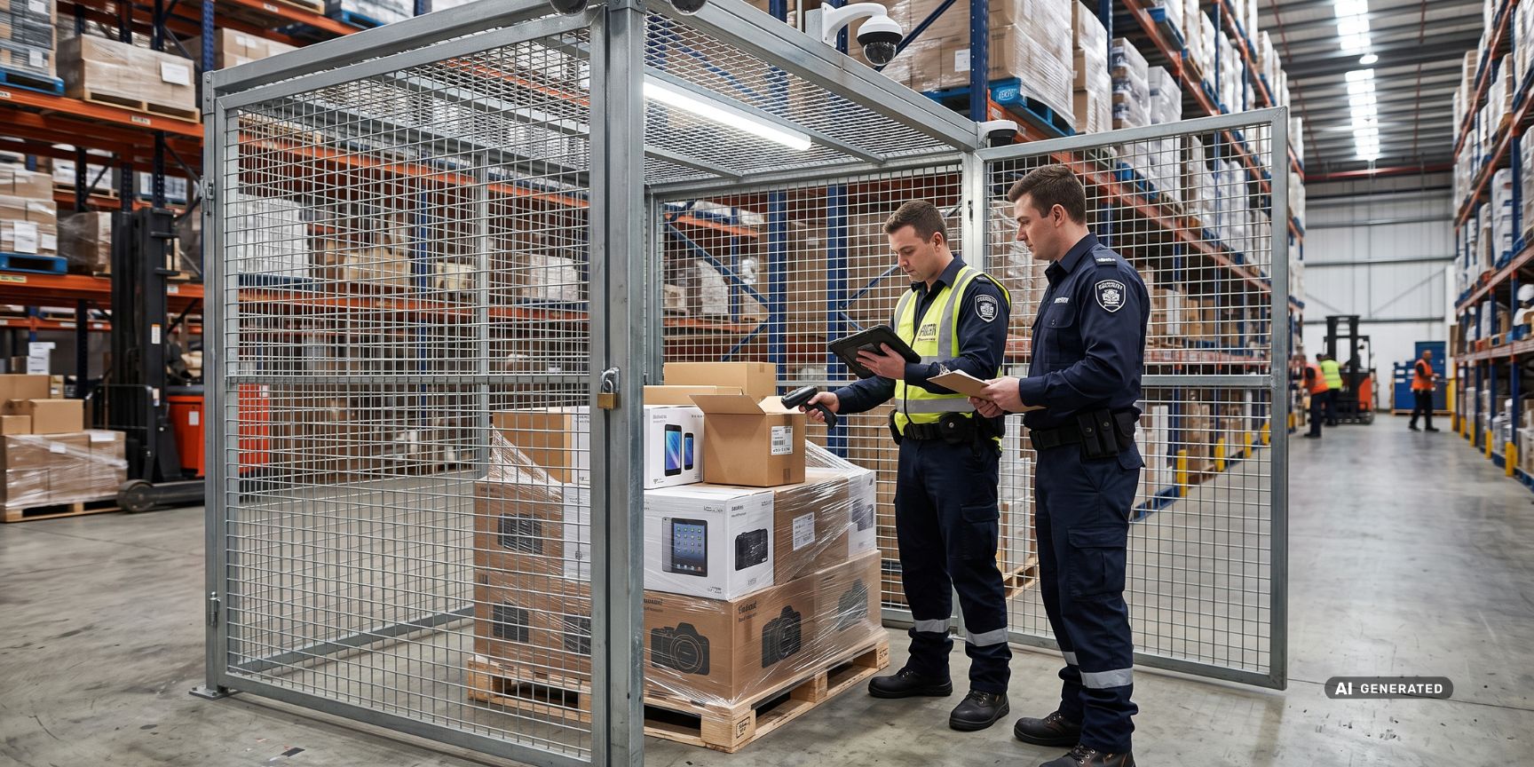 Zwei Sicherheitsmitarbeiter prüfen Hochwertgüter nach dem Vier-Augen-Prinzip in einem durch Kameras überwachten Valorenlager der Kontraktlogistik.